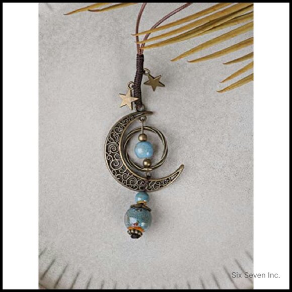 Vintage Bohemian Crescent Moon Lariat Necklace Adjustable Statement Jewelry - Picture 4 of 8